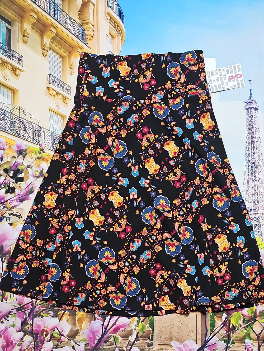 LuLaRoe Azure Black A-Line Skirt with Colorful Floral Patterns Small New